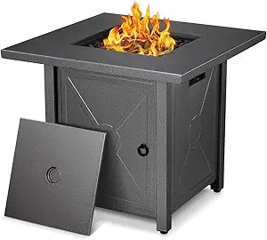 Xbeauty 28in Gas Fire Pit Table, 50,000 BTU Outdoor Propane Firepit,40,000 BTU Auto-Ignition Fire Tables with Lid, Rain Cover and 3 Pounds Lava Stones for Outside Garden Backyard Deck Patio (Square)