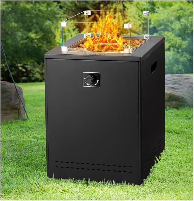 Xbeauty 20 Inch Fire Pit Square Gas Fire Table with Lava Rocks & Protective Cover for Parties/Backyard/Garden,Black