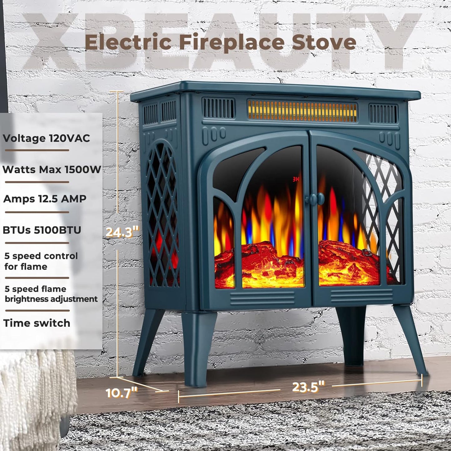 Xbeauty Electric Fireplace Heater Portable Electric Fireplace Heater Indoor,Dark Green